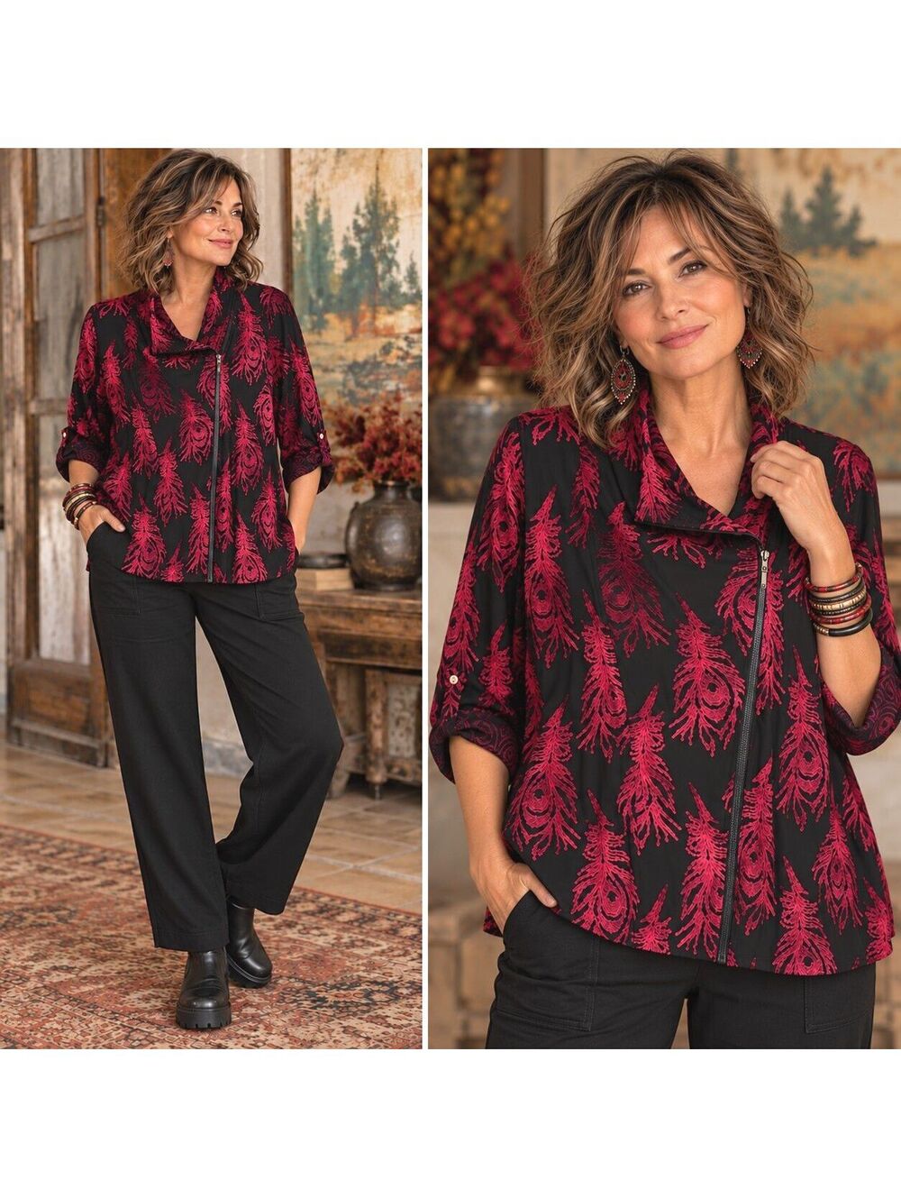 NWT Calessa Blouse Zip Top Womens 3X Colorful Burnout Abstract Print